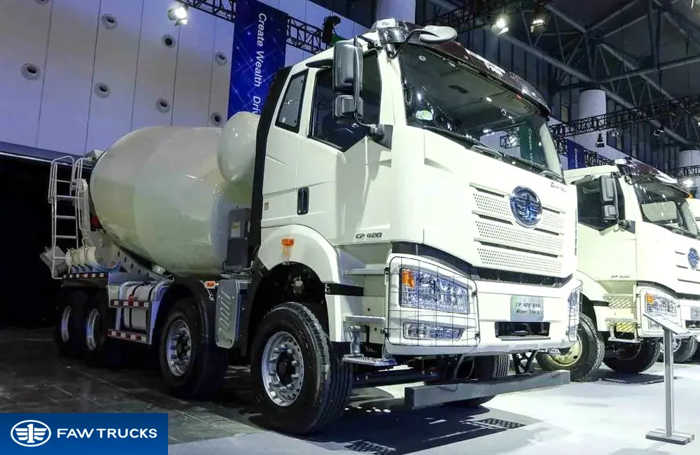 White CORTRON CS mixer truck with FAW branding, featuring a heavy-duty concrete mixer drum for construction applications.