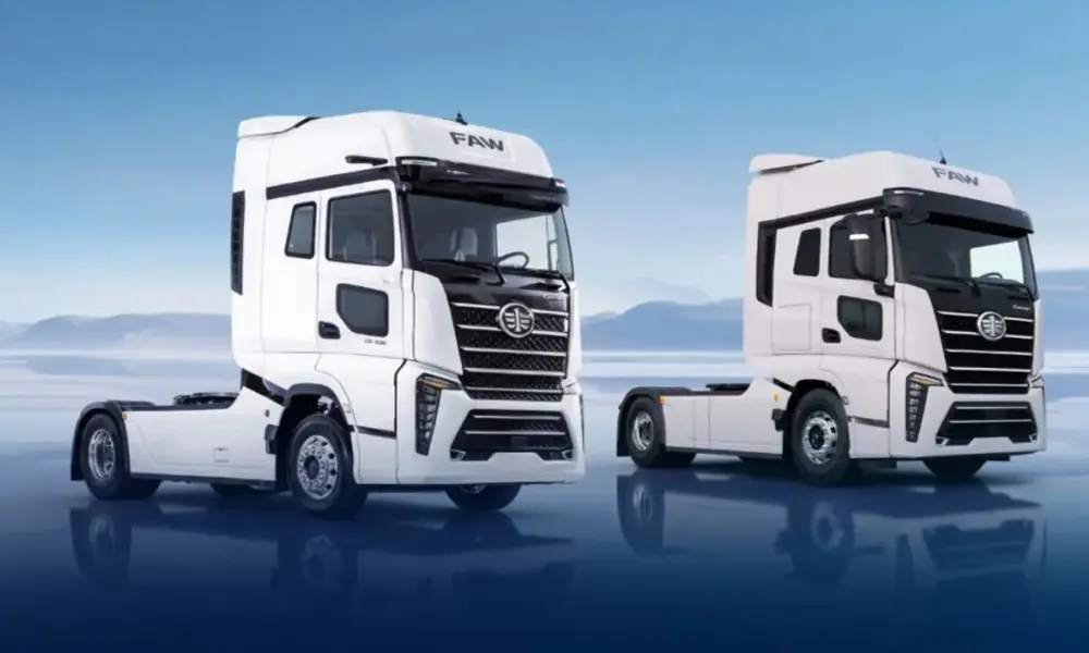 CORTRON tractor truck with FAW branding displayed as part of an overseas commercial vehicle lineup.