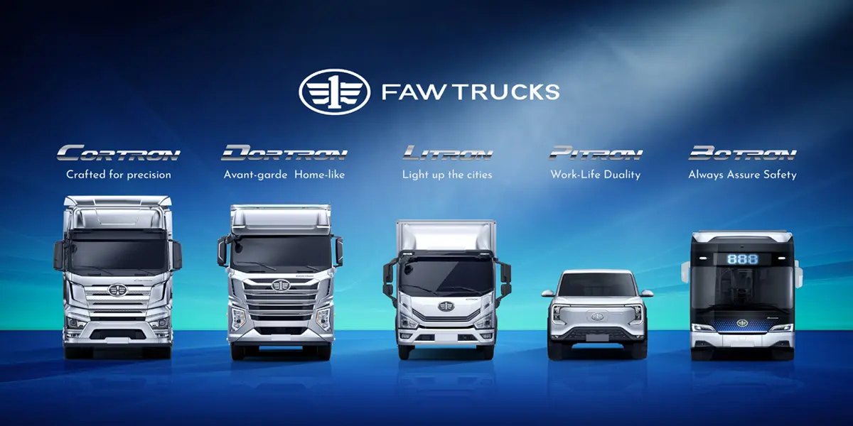 CORTRON tractor truck with FAW branding displayed as part of an overseas commercial vehicle lineup.