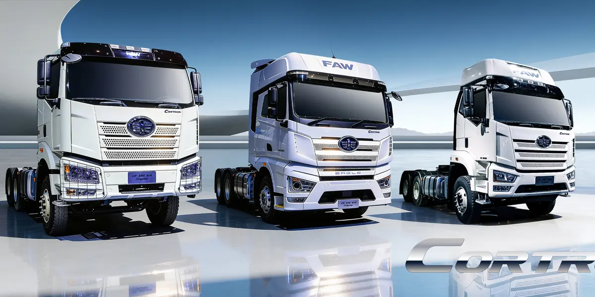 CORTRON tractor truck with FAW branding displayed as part of an overseas commercial vehicle lineup.