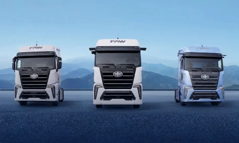 CORTRON tractor truck with FAW branding displayed as part of an overseas commercial vehicle lineup.