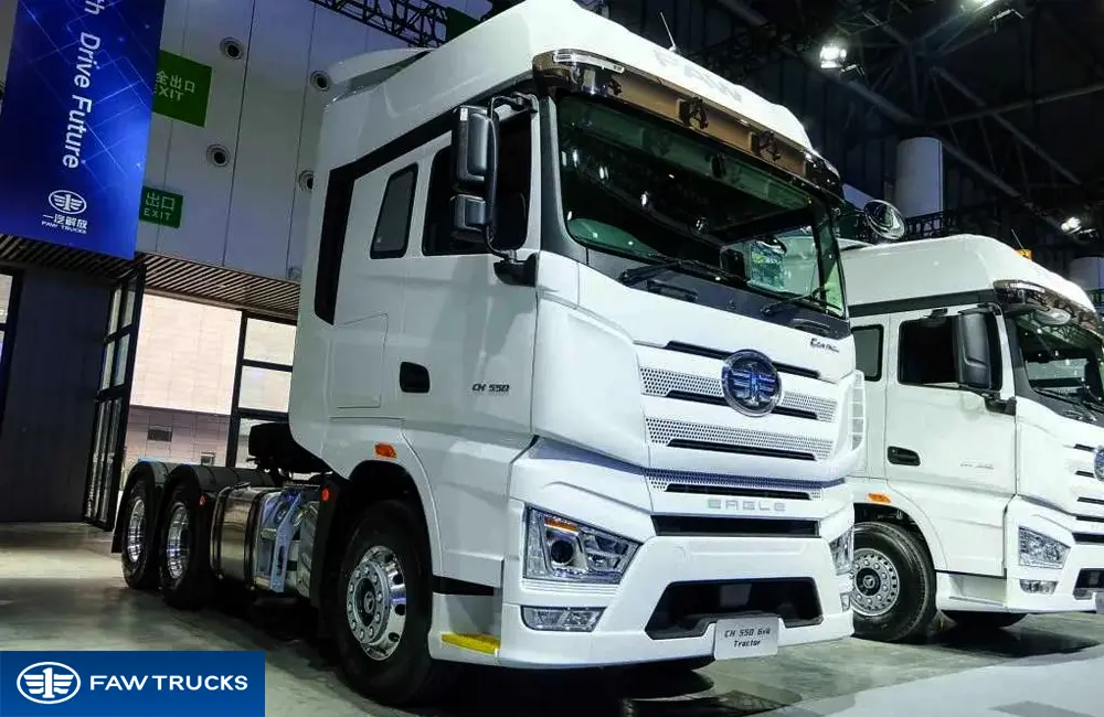 Front view of a white CORTRON heavy-duty tractor truck with FAW logo, chrome grille and overseas commercial vehicle styling.