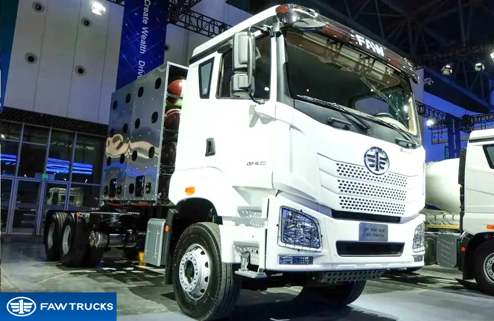 White DORTRON DP 430 6x4 CNG tractor truck with rear-mounted gas cylinders displayed at an exhibition, featuring FAW branding and a clean-energy configuration.