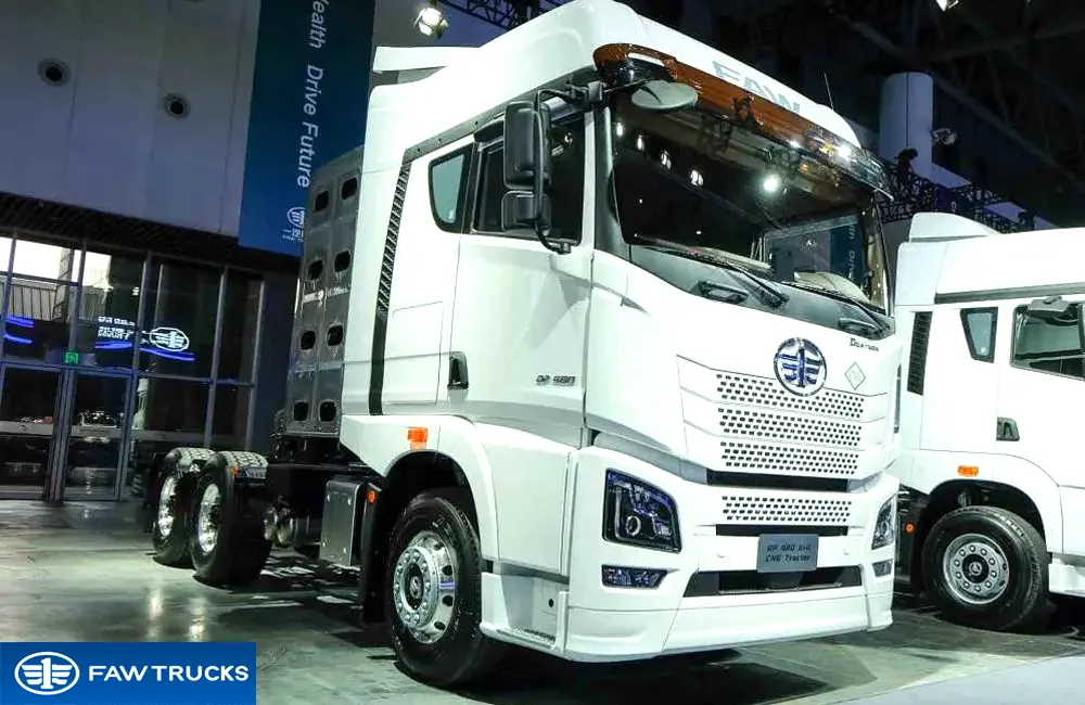 White DORTRON DP 480 6x4 CNG tractor truck with rear-mounted gas cylinders displayed at an exhibition, featuring FAW branding.