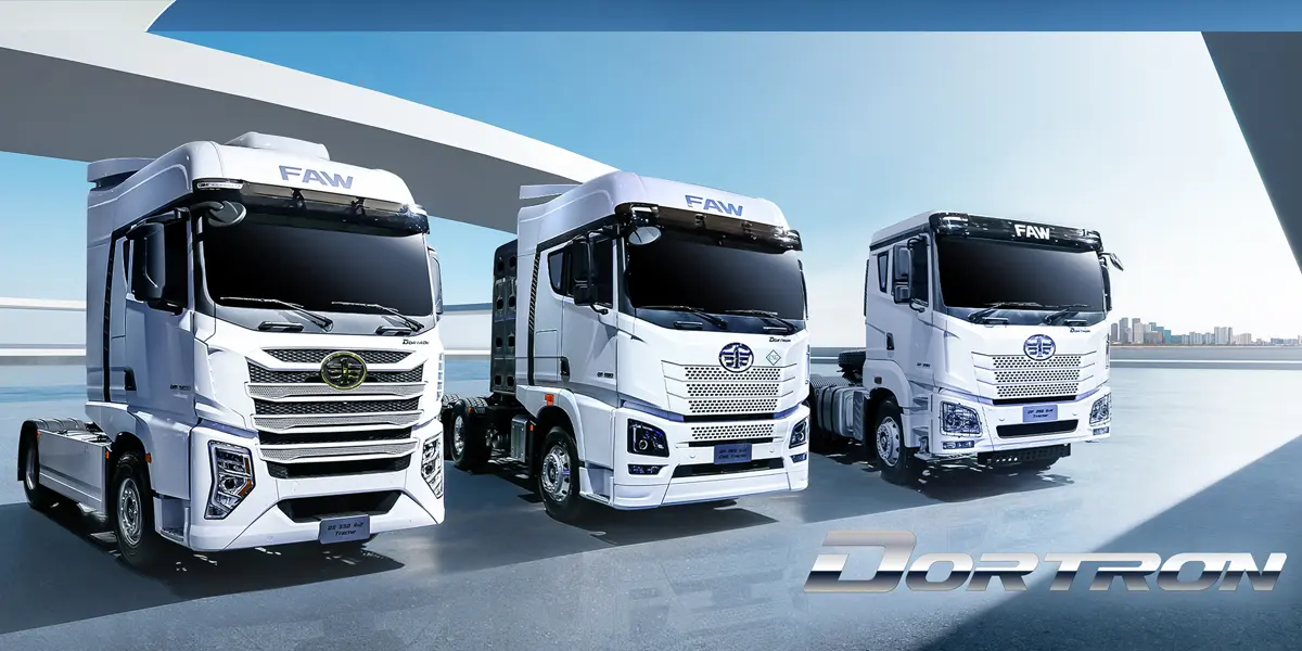 Three white DORTRON FAW tractor trucks displayed side by side, featuring FAW branding and heavy-duty commercial vehicle design.