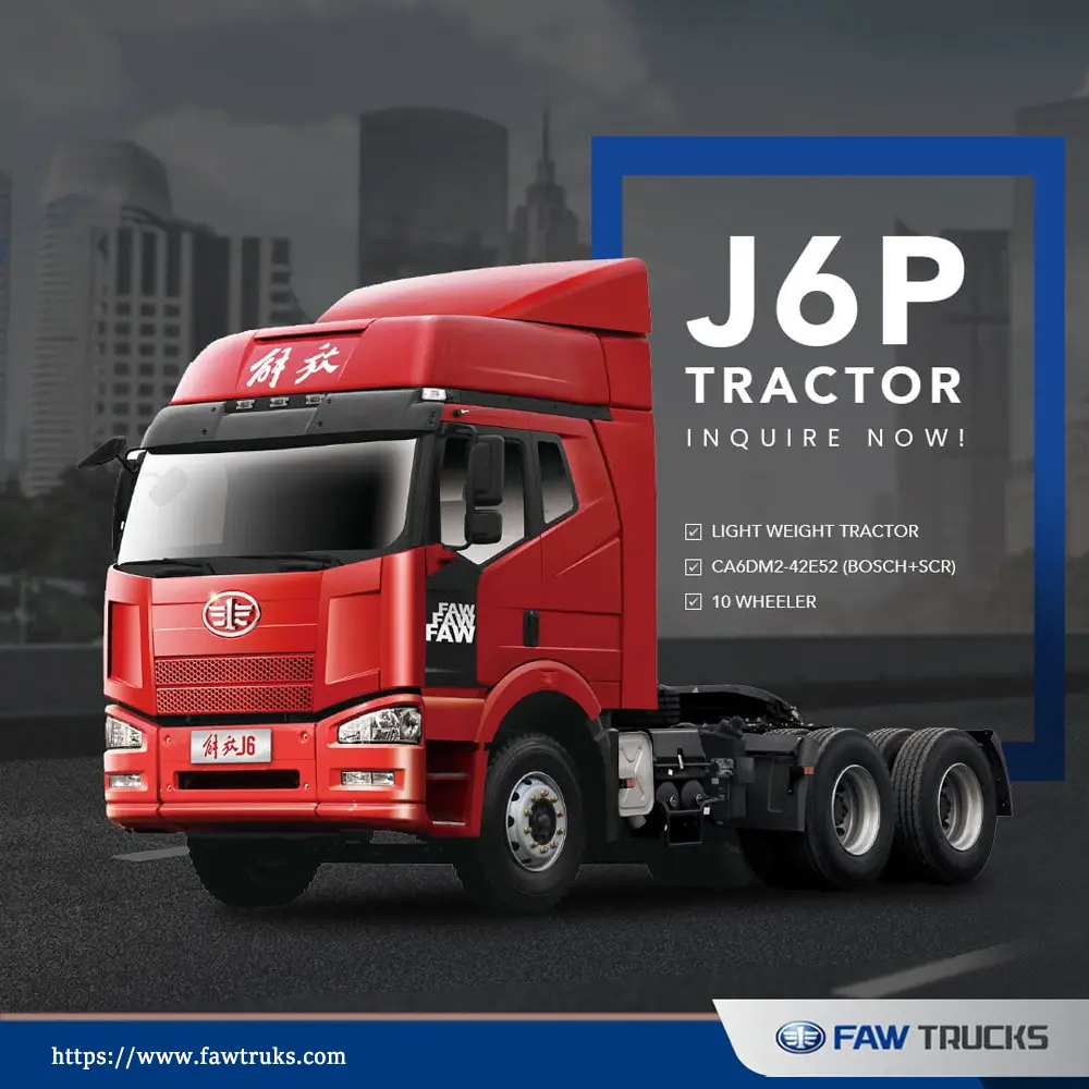 Red FAW J6P 6x4 tractor truck equipped with a CA6DM2-42E52 420 HP engine
