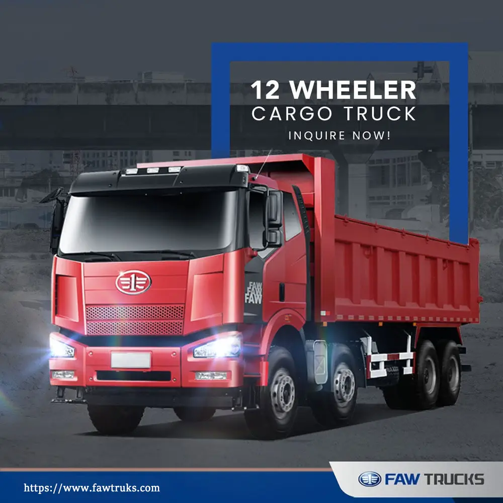 Red FAW JH6 12-wheeler dump truck with a heavy-duty tipper body