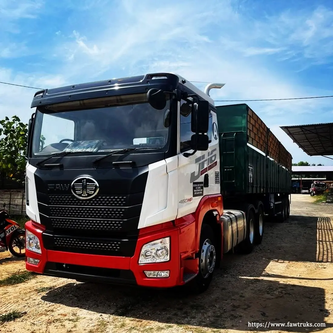 FAW JH6 460HP heavy truck front view with green trailer