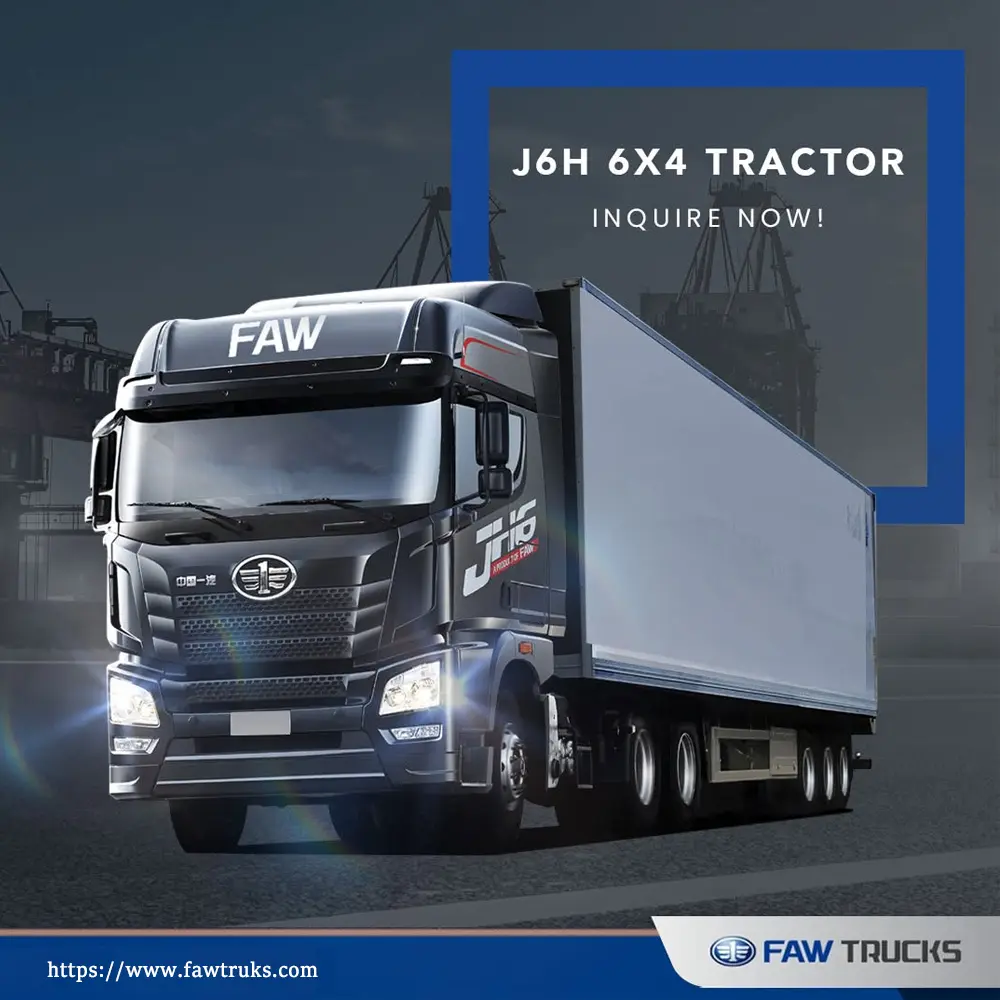 Black FAW JH6 6x4 cargo truck with a white box trailer