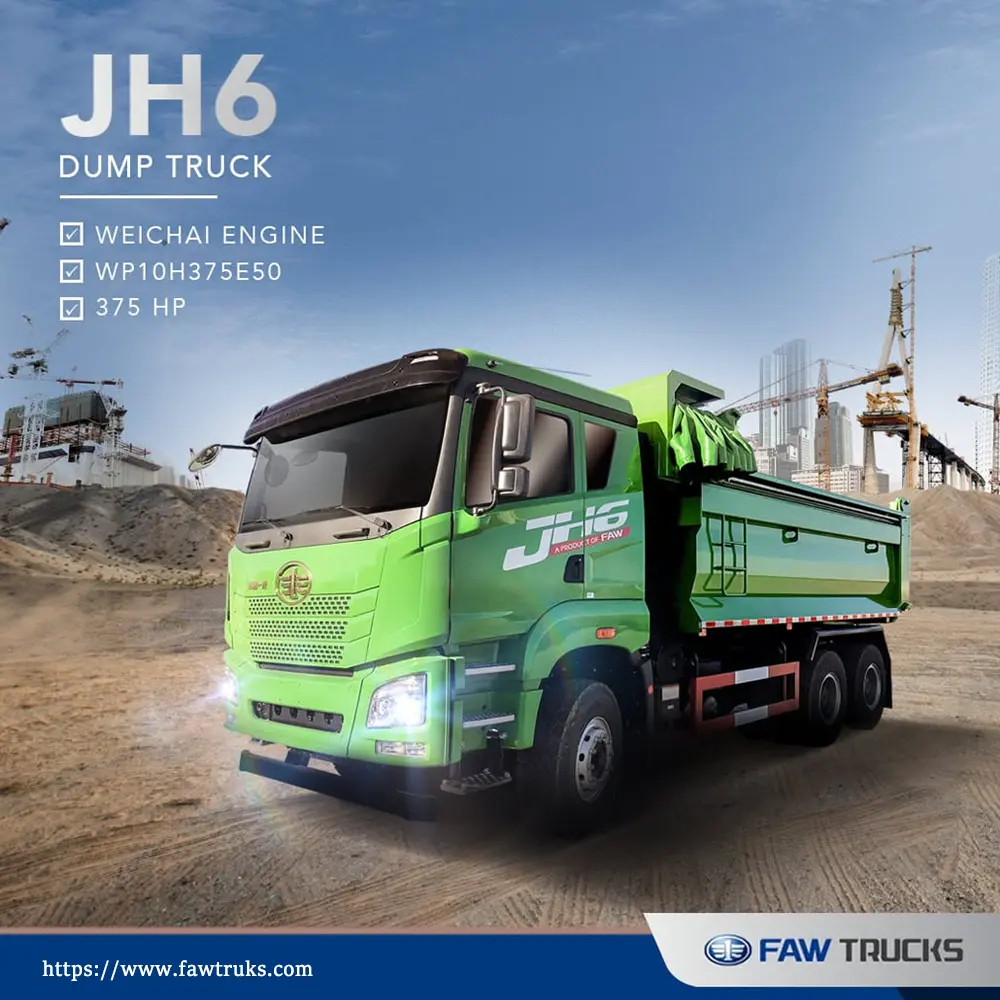 Green FAW JH6 6x4 dump truck with Weichai WP10H375E50 375 HP engine