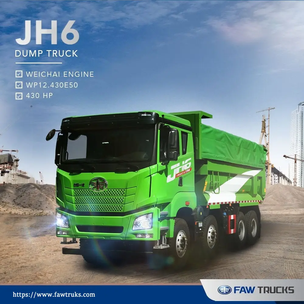 Green FAW JH6 8x4 dump truck equipped with a Weichai WP12.430E50 430 HP engine