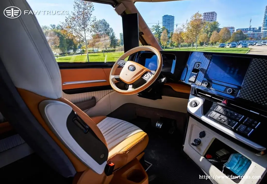 FAW JH6 truck cabin interior with digital dashboard and orange seats