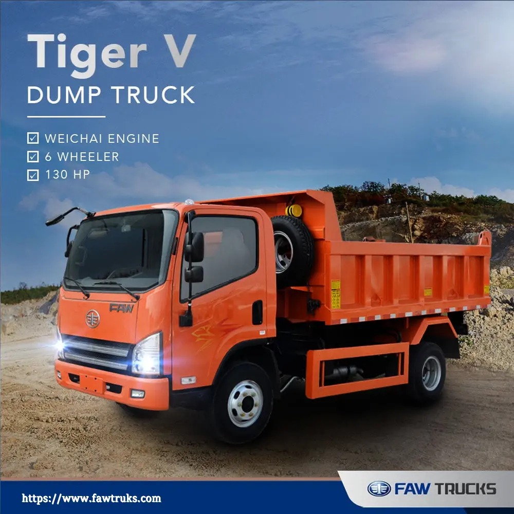 Orange FAW Tiger V 6-wheeler dump truck with a 130 HP Weichai engine
