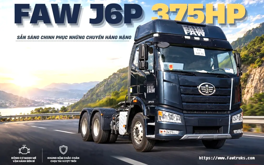 Tractocamión FAW J6P 375HP azul oscuro en carretera de montaña al atardecer, configuración 6×4 para carga pesada