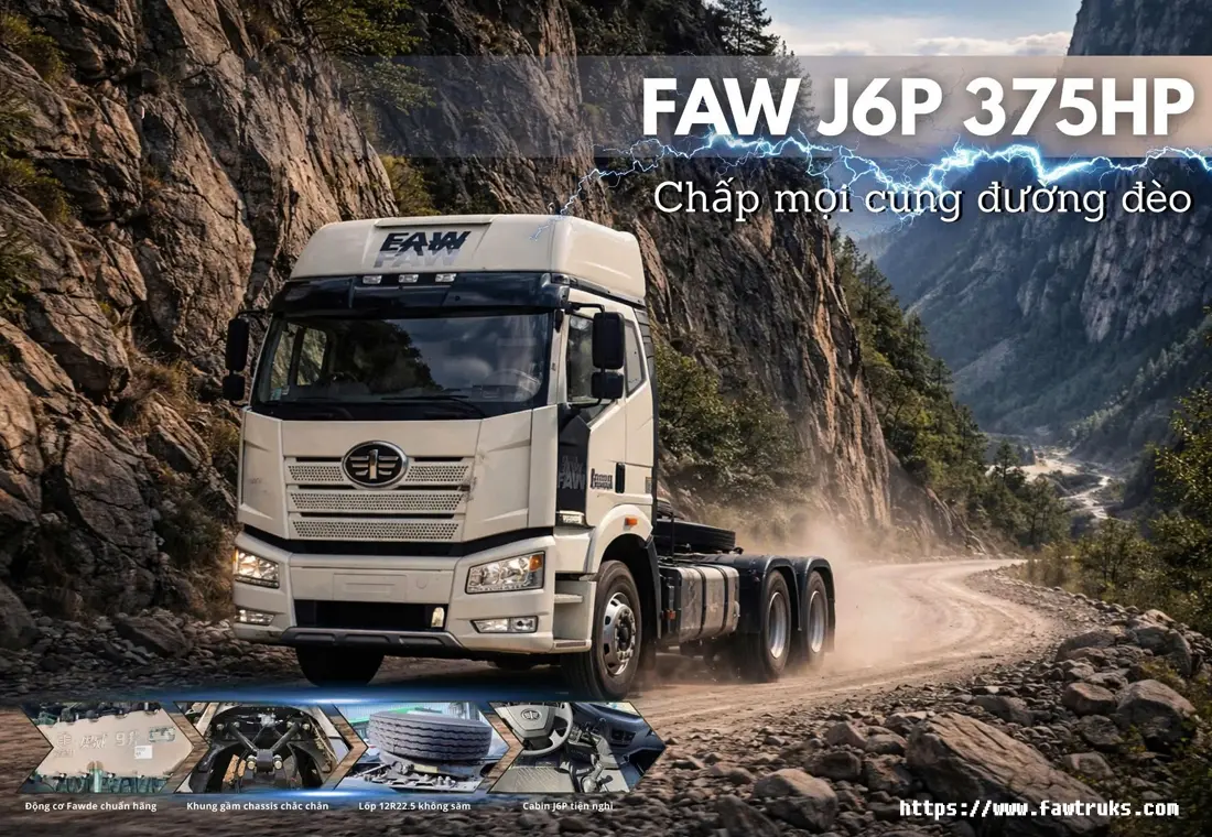 Tractocamión FAW J6P 375HP blanco subiendo camino de montaña con polvo, chasis reforzado y llantas 12R22.5